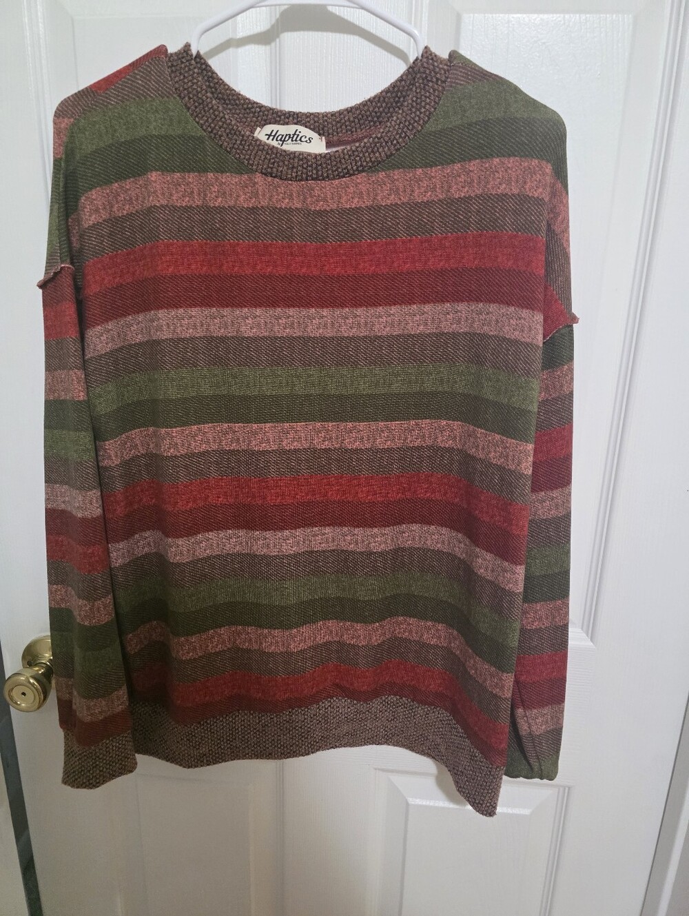 Haptics Striped Crewneck Sweater in Red and Olive NEW